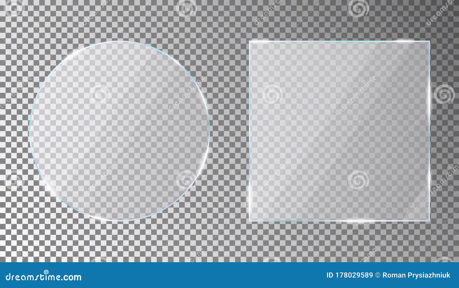 glass plates set in circle and square  on transparent background. acrylic or plexiglass plate with gleams and light